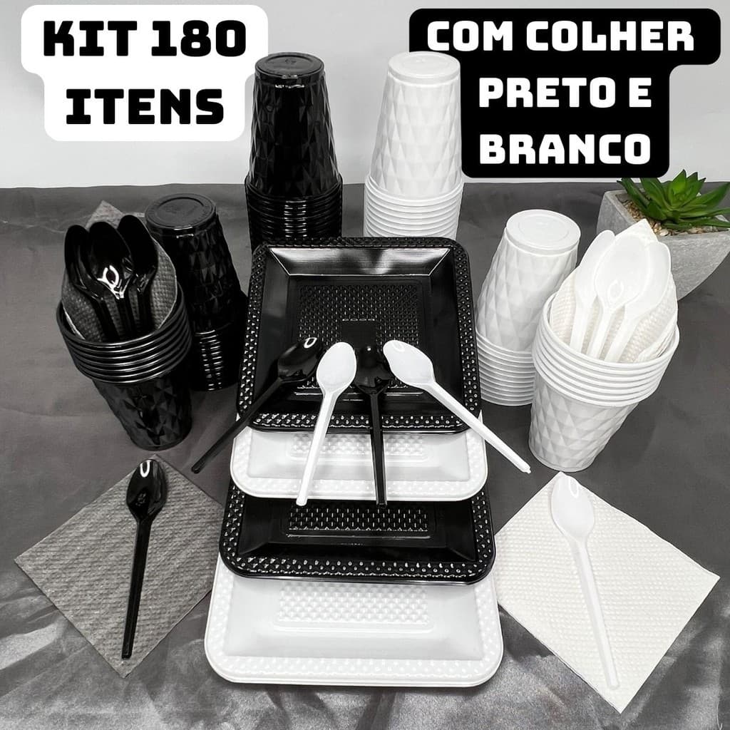 Kit 180 Itens Festa Aniversário Completo Preto Branco Descartável Pratinho Copo Colher Guardanapo Cor Time P/40 Pessoas