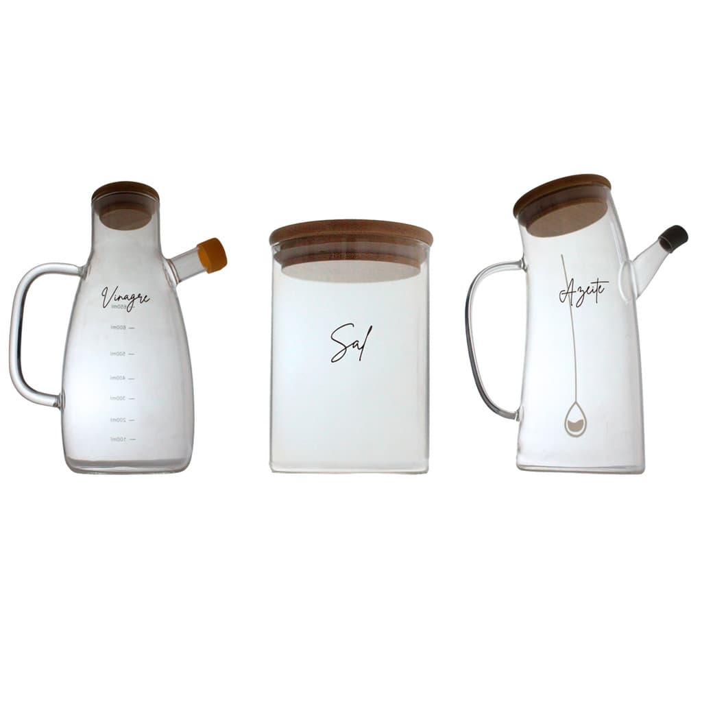 Kit Vidro Gourmet – Azeite, Vinagre e Sal com Tampa de Bambu