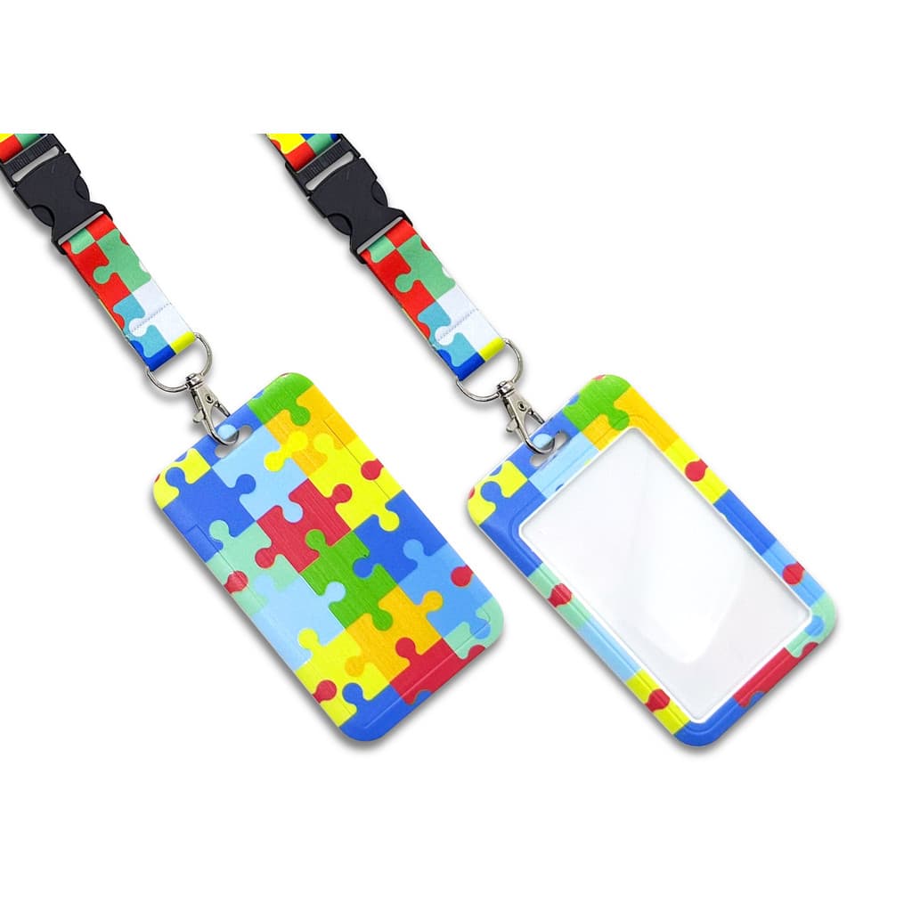 Porta Crachá Azul + Cordão Quebra Cabeça Para Autista/Autismo