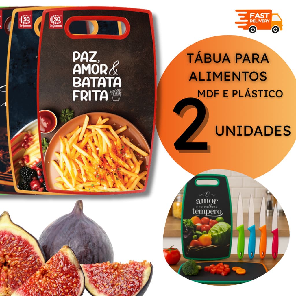 Jogo de Tábuas de Cozinha Tábua Corte Plástico e MDF Coloridas Carne Legumes Verduras