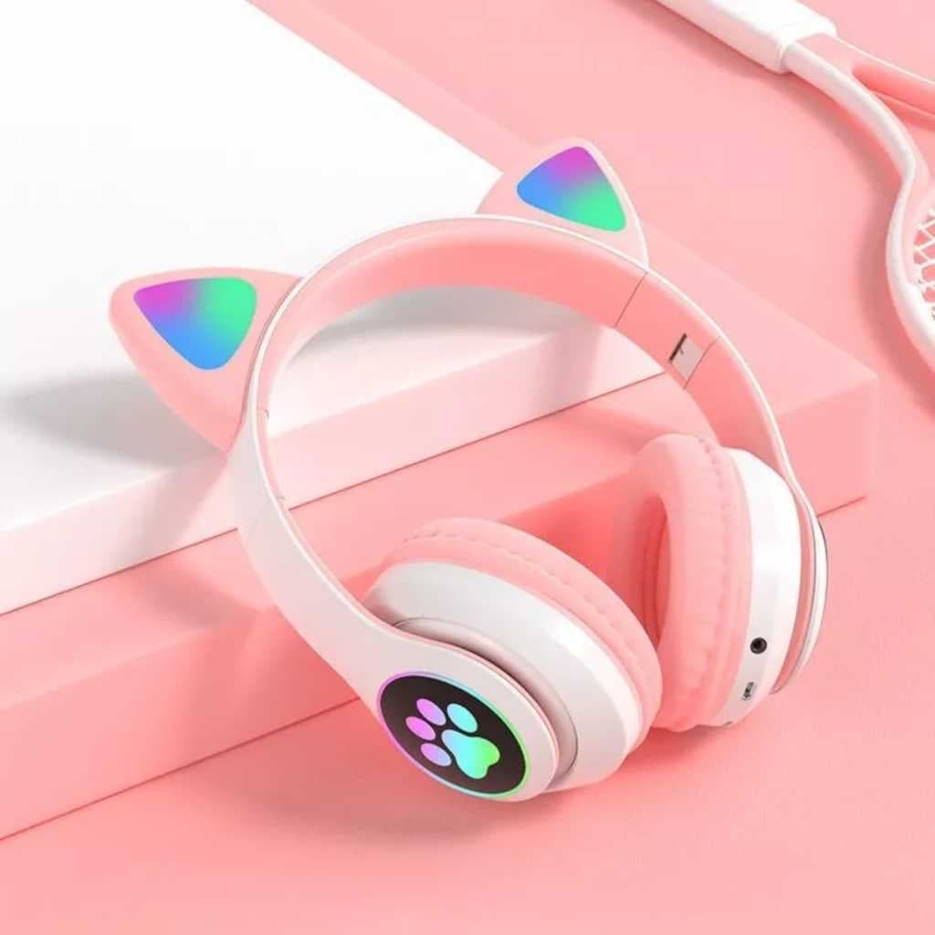 Fone De Ouvido Bluetooth Orelha Gato Infantil Led Fone  Orelinhas Criança Headphone Com Luzes De LED
