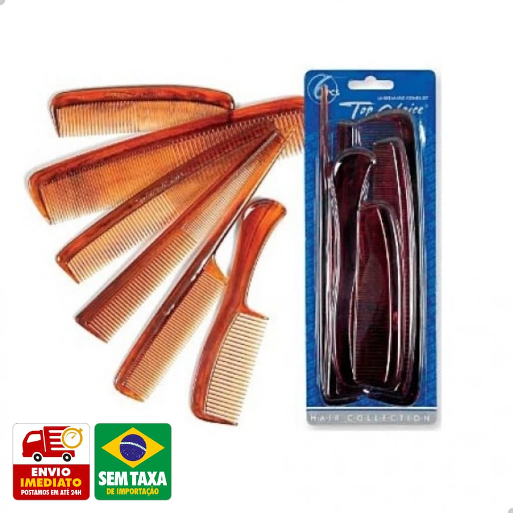 Kit 6 Pentes Profissionais de Plástico Marrom para Cabelos Diferentes Tamanhos Versáteis