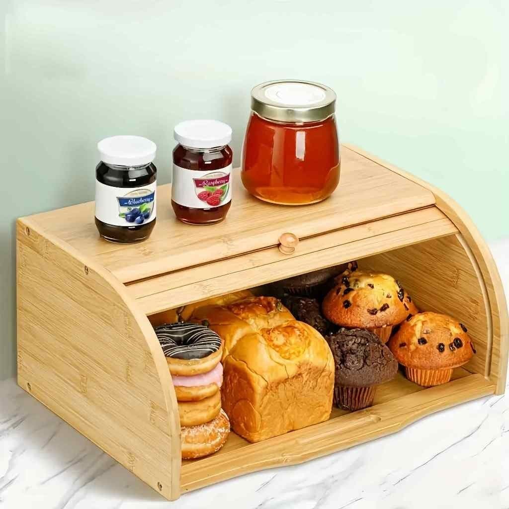 Porta Pão Bambu Com Tampa Retrátil Perfeita Para Armazenar Pães Bolachas Resistente