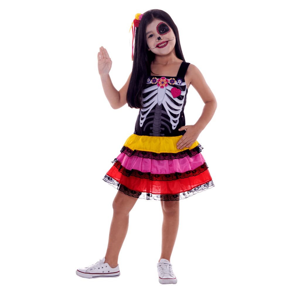 Fantasia Caveira Mexicana Infantil Feminina Halloween – Com Acessório Tiara com Flores