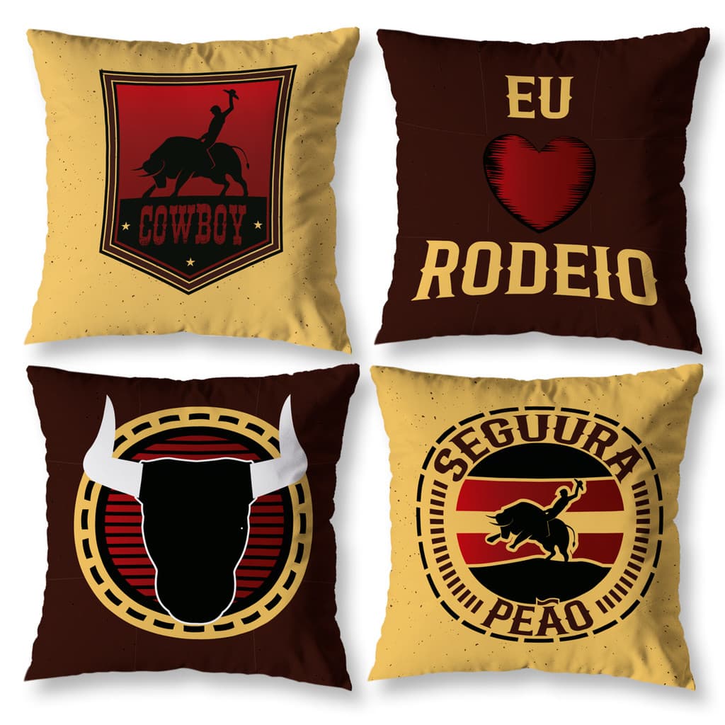 Kit 4 Capas de Almofada 40x40 Rodeio Cowboy Agro Sofá Sala Estampadas Digital com Zíper Decorativas