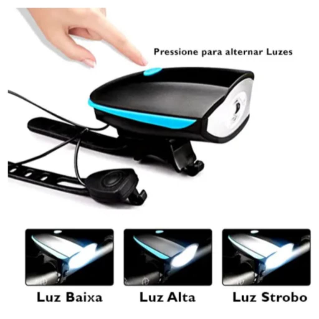 Farol De Bike Lanterna Led Com Buzina Som Alto Recarregável Bicicleta A Prova D´agua Potente -Touro