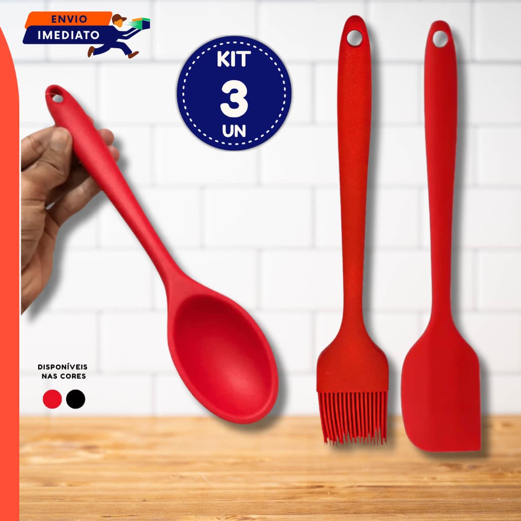 01 Colher ou 3 Utensílios De Silicone Para Cozinha Colher, Espátula Pão Duro e Pincel Culinário Vermelho ou Preto