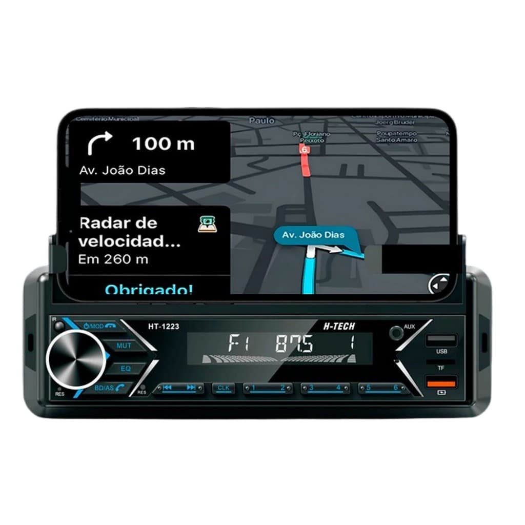 Auto Rádio 1 DIN | Bluetooth USB AUX | Suporte Celular App | 4x60W | Controle Remoto | 7 Cores
