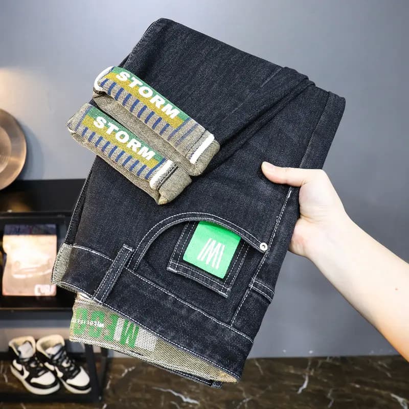 2026 primavera novo estilo impresso Jeans masculino estiramento fino ajuste reto bordado impresso calças casuais