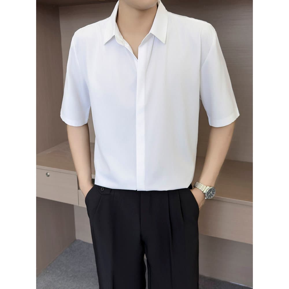 High-End Drape gelo seda camisa de manga curta masculina verão meia manga cor sólida não-ferro camisa de manga média Ant