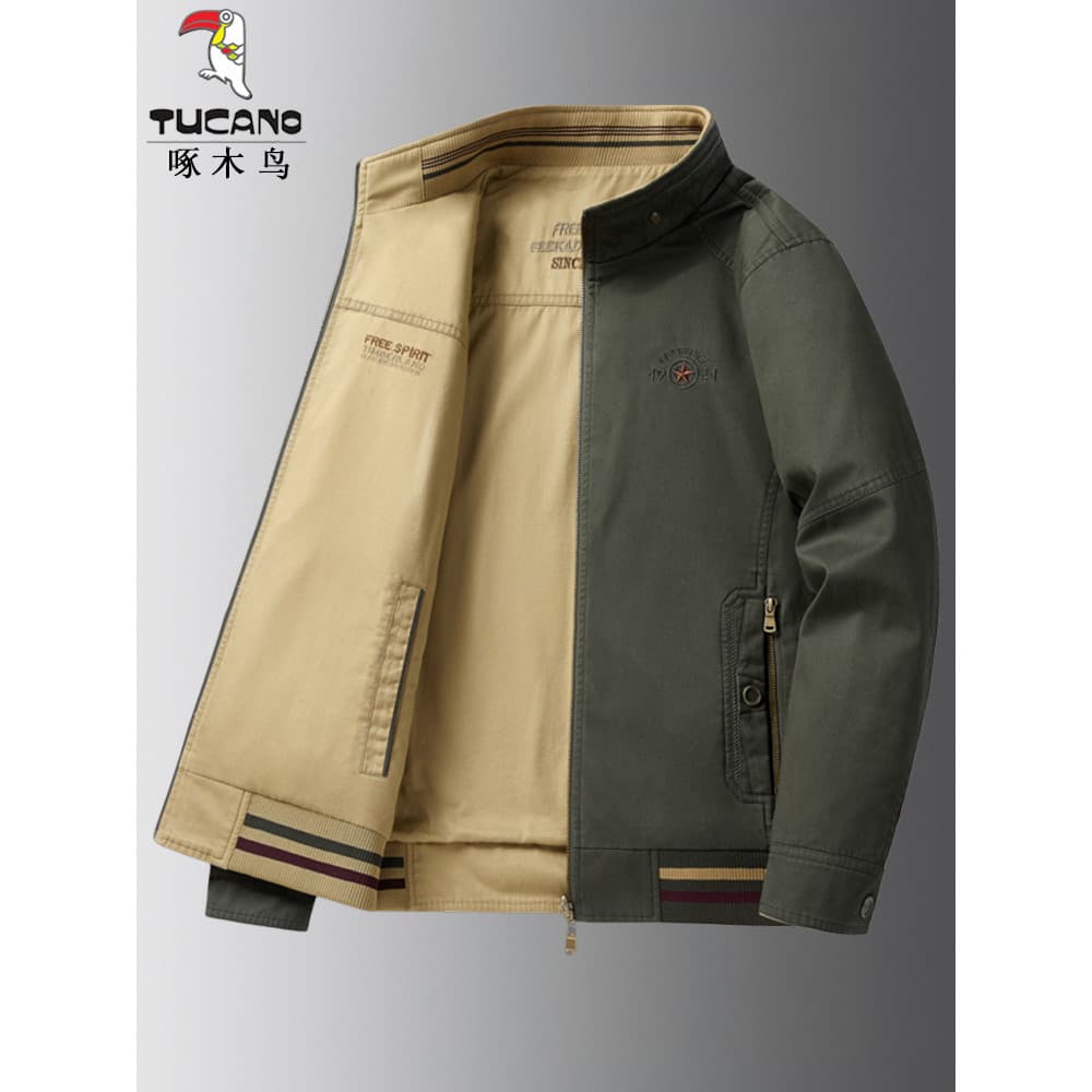 Woodpecker lavado algodão jaqueta masculina primavera outono dupla face jaqueta masculina de meia-idade pai usar jaqueta