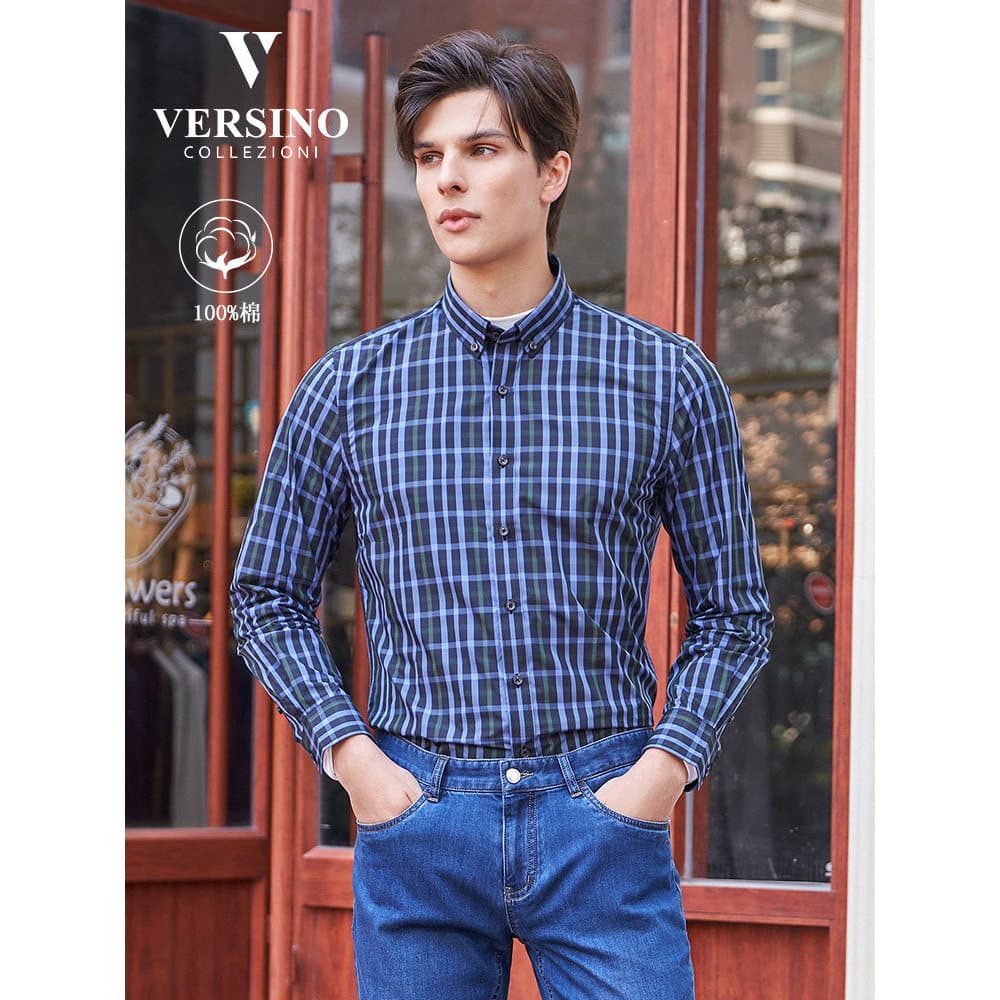 Versino versino camisa xadrez masculina de manga comprida primavera novo estilo camisa xadrez Top All-Match