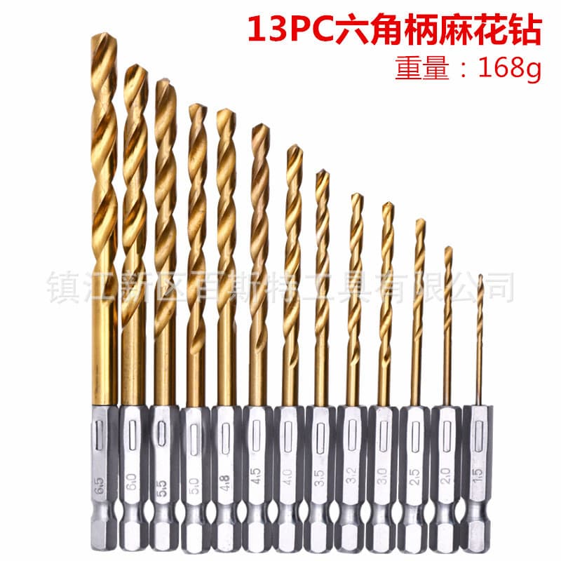 Conjunto de 13 Brocas Helicoidais com Haste Hexagonal Revestidas de Titânio, Broca com Haste Hexagonal de 1/4'' FEPW