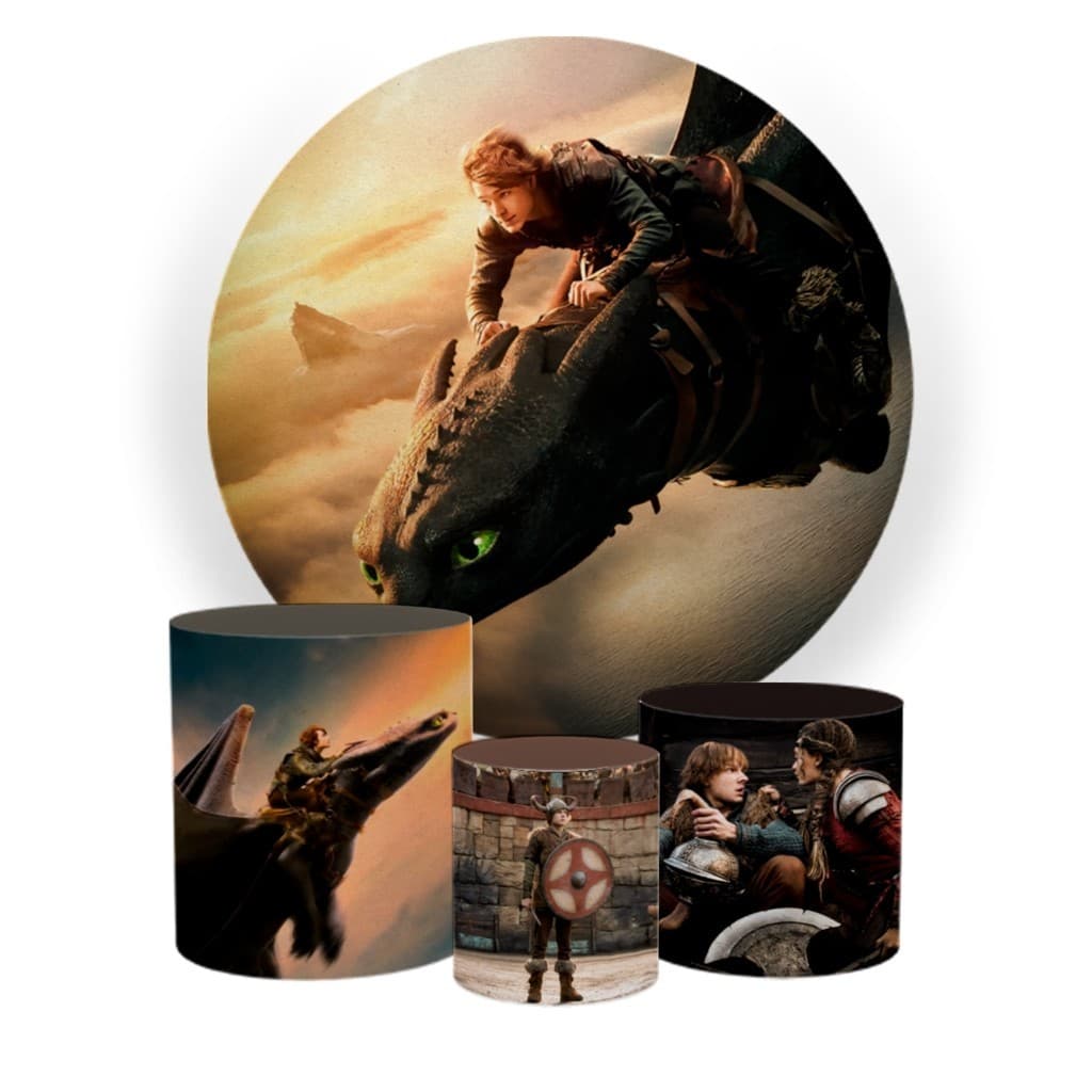 Painel Festa Redondo 1,50x1,50 Com Trio Capas De Cilindros Tema Como Treinar Seu Dragão | Entrega turbo