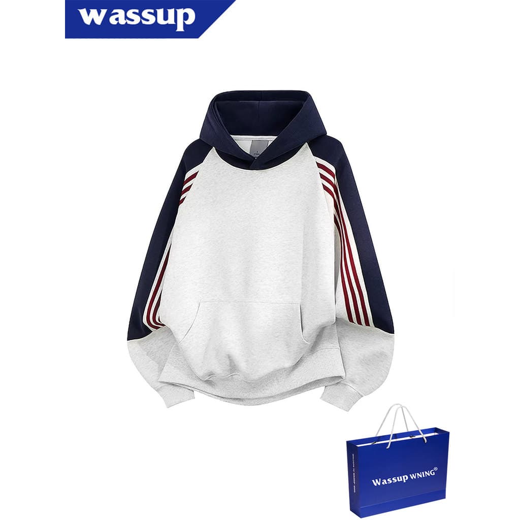 WASSUP Americano Retro Design Forro de Lã Moletom Com Capuz Masculino Outono Inverno Engrossado Costura Solta Contraste