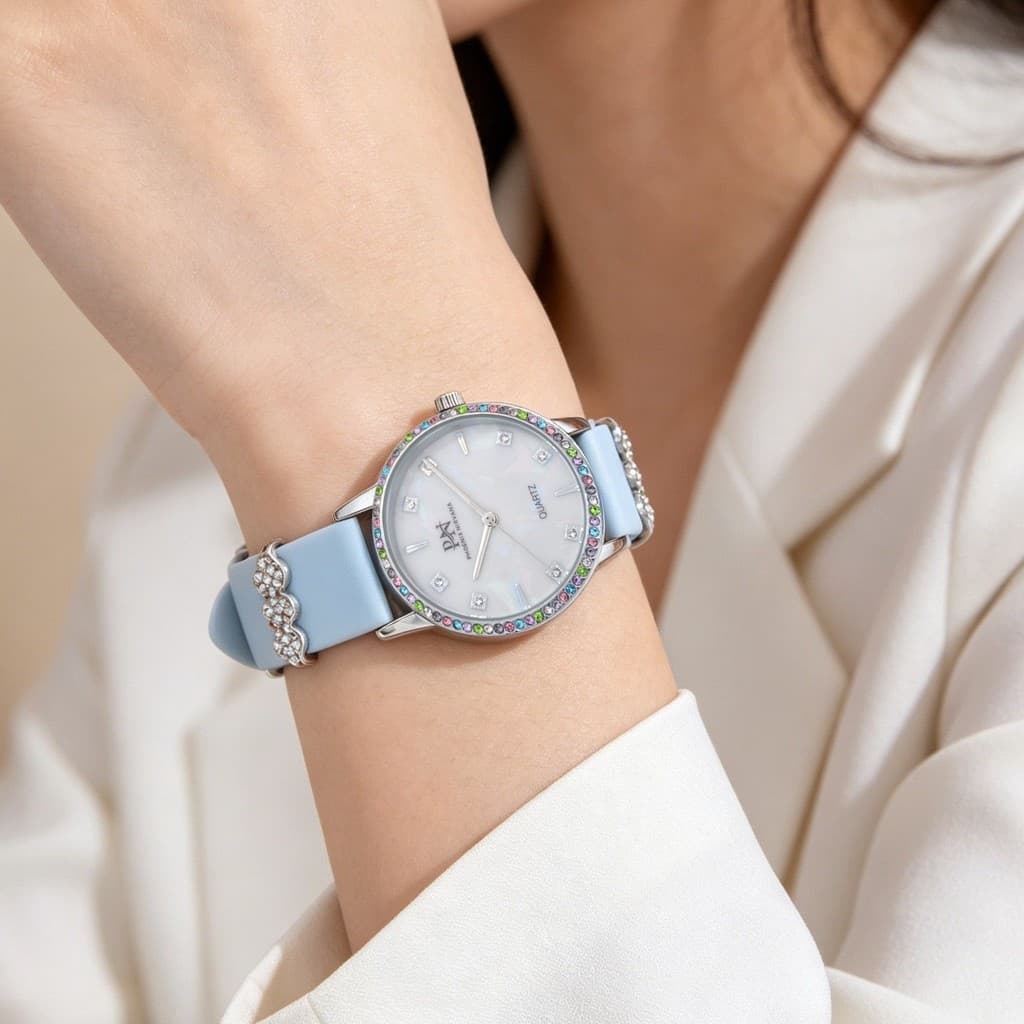 Alto valor redondo senhoras arco-íris diamante anel Fritillary Dial moda à prova dwaterproof água jóias relógio presente