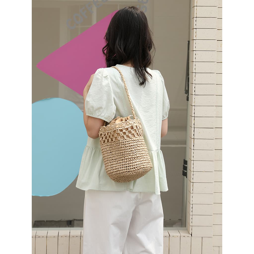 Versão coreana ins nicho tecido sacola feminina verão cordão palha balde saco estilo férias praia bolsa de ombro