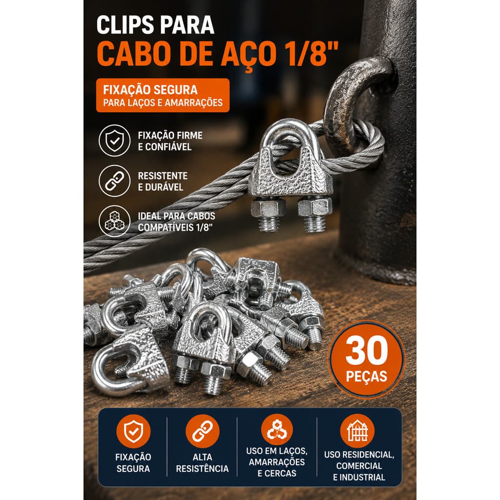 Grampo Para Cabo De Aço 1/8 Eda Kit Com 30 Peças Para Fixação E Amarração