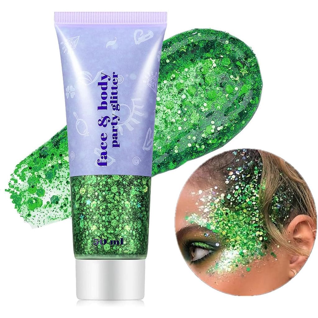 Go Ho Green Body Glitter, Maquiagem com Glitter para o Rosto no Dia de São Patrício, Tinta Facial Verde com Lantejoulas