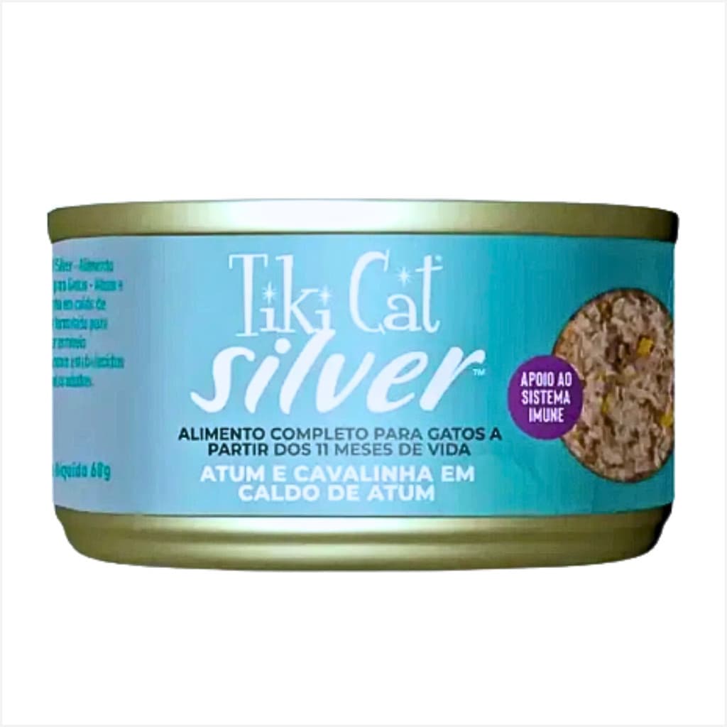 Ração Úmida Para Gatos Lata Tiki Cat Silver Atum e Cavalinha 68gr Gatos Senior Idosos