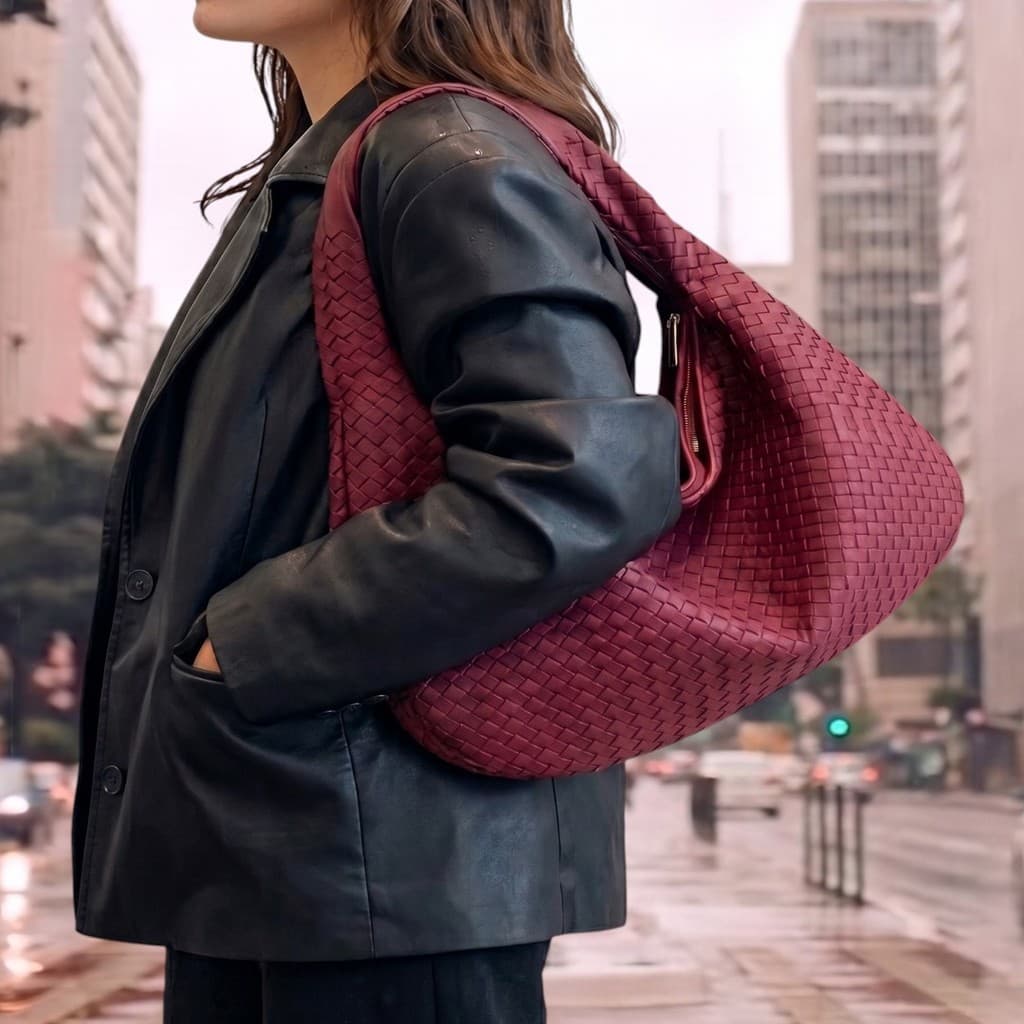 Bolsa de ombro em couro trançado, Bolsa femenina estilo minimalista luxo