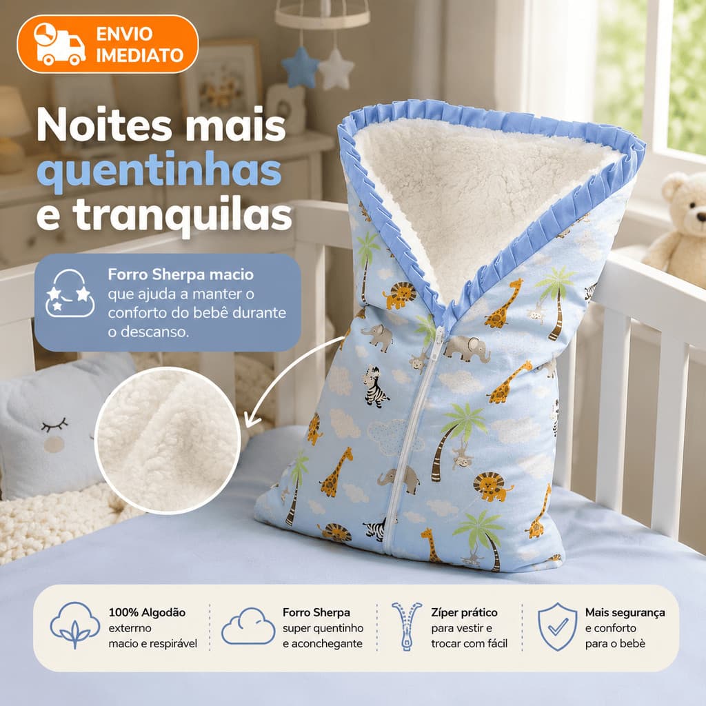 Saco de Dormir Bebê Sherpa Super Quentinho com Zíper 100% Algodão Premium