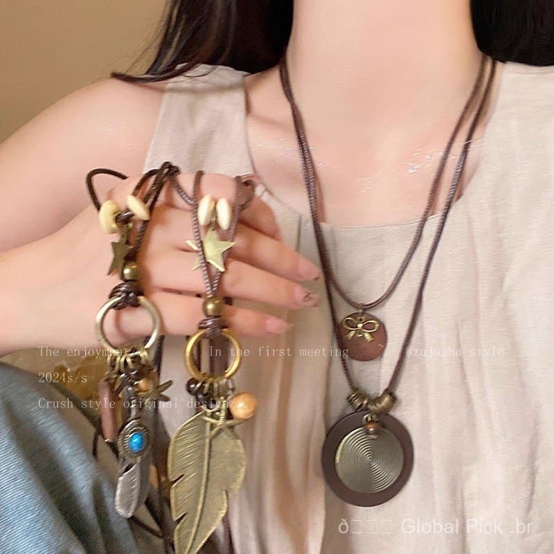 Novo colar de penas em estilo chinês para mulheres, estilo étnico boêmio vintage, corrente longa para usar sobre suétere