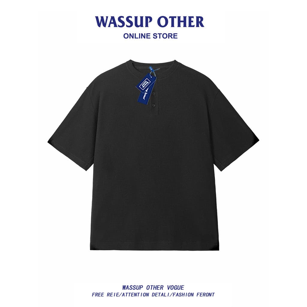 WASSUP OUTRO Textura Sensação POLO Gola Manga Curta Camiseta Masculina Verão Seda Gelo High Street Solta Meia Manga Top