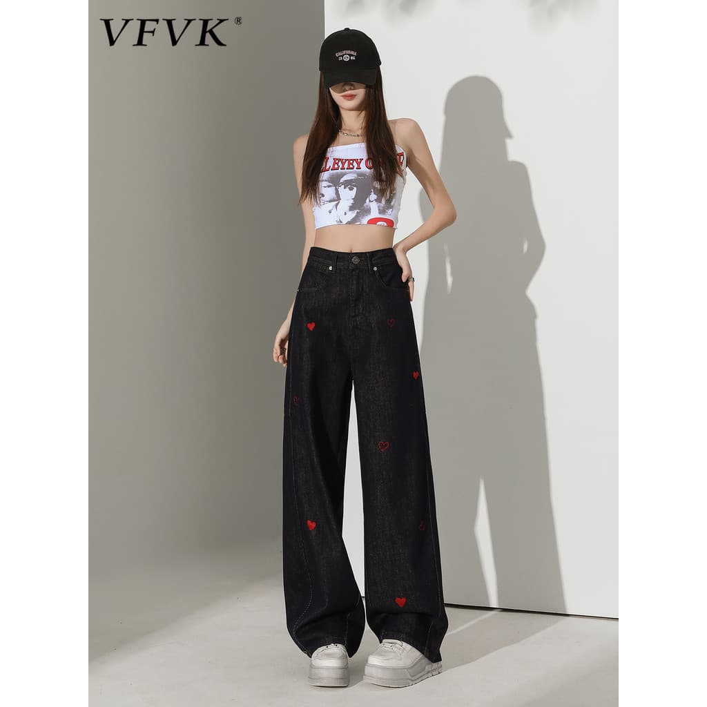 Vfvk azul escuro coração bordado Denim calças de perna larga feminina cintura alta mais magro olhar 2026 novo estilo sol