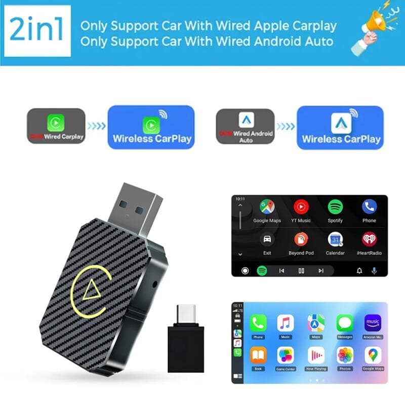 2 Em 1 Adaptador Sem Fio Carplay Android Mini Automático , 5Ghz WiFi Tipo-C/USB Plug & Play