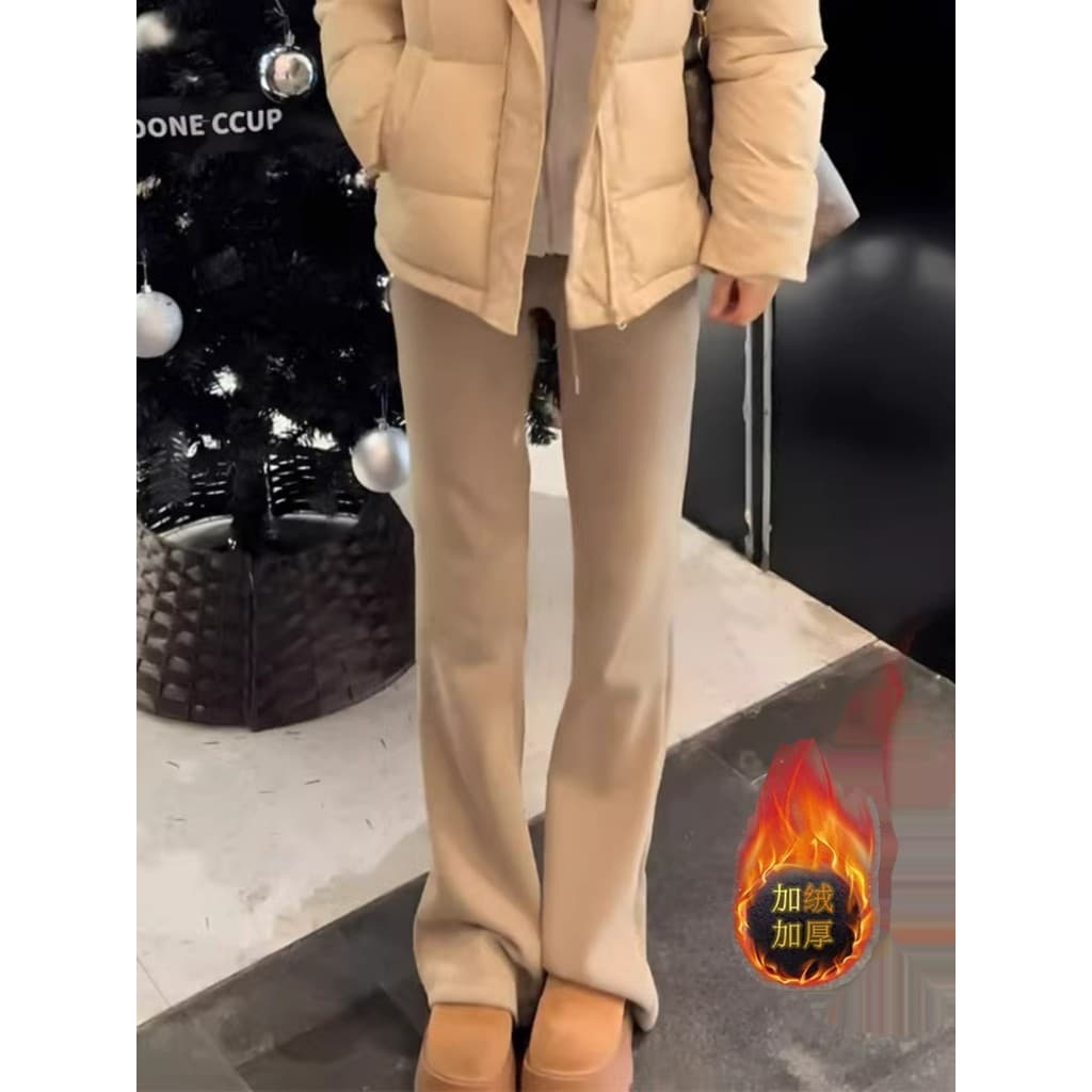 Calça de moletom cáqui ligeiramente Casual feminina outono inverno estilo coreano versão estreita forro de lã pequeno en