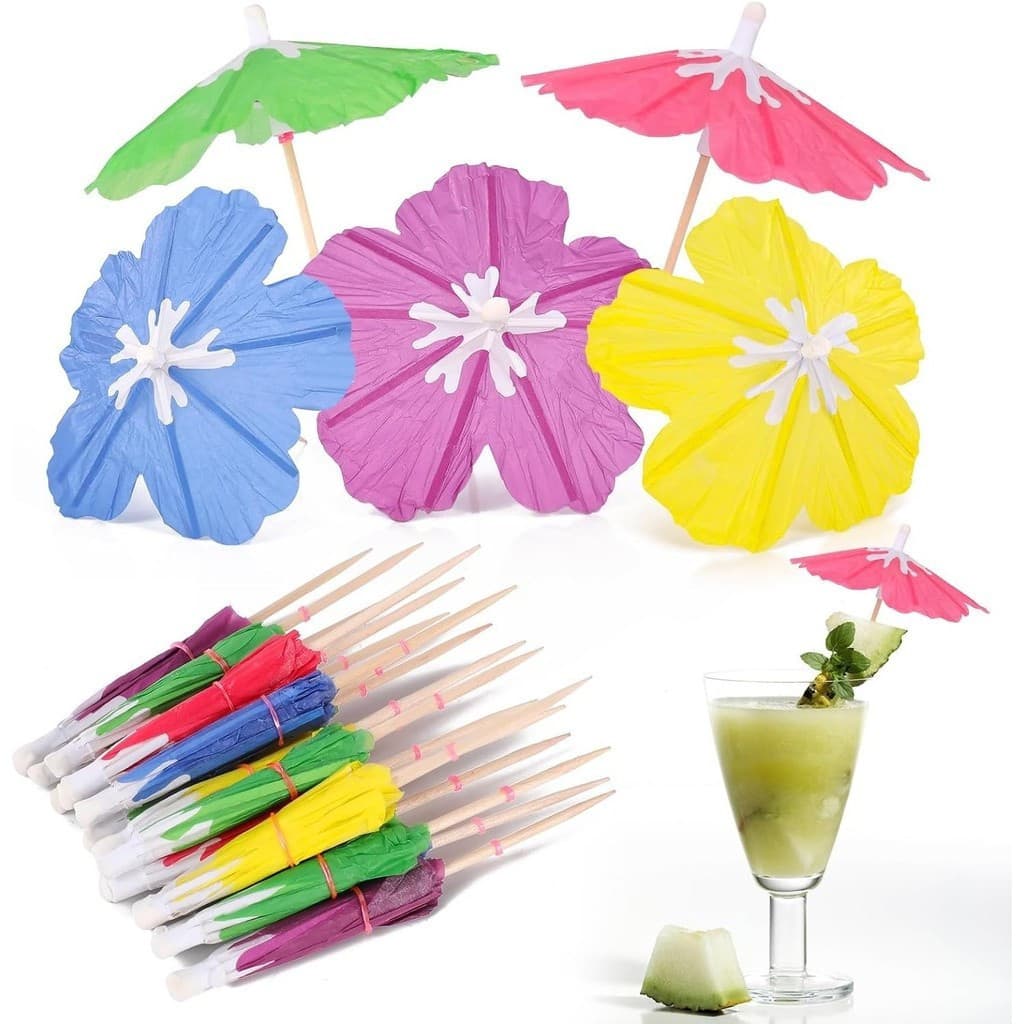Guarda-chuvas decorativos para bebidas, 50 peças de decorações para coquetéis, decorações para bar Tiki, pratos de fruta