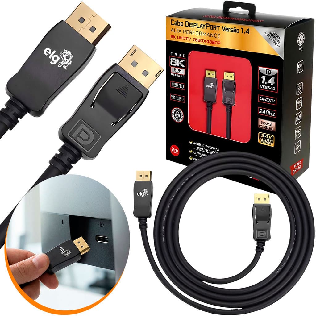 Cabo DisplayPort 2M 8K ELG 32.4Gbps Blindado Ouro 24k