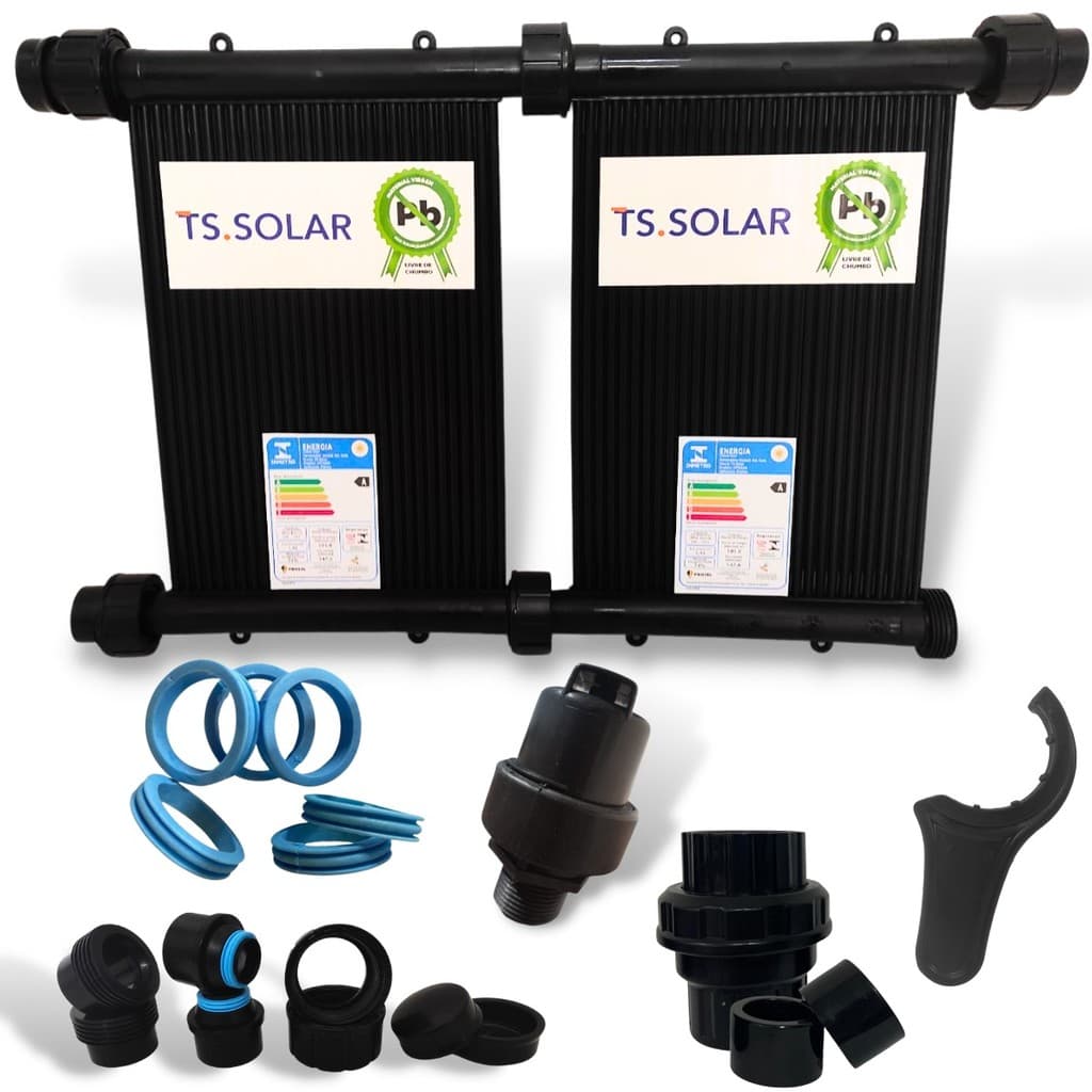 Kit 3 Placas Solar 2m TS Solar Piscina 2.500L + Válvula Quebra Vácuo + Retenção + Kit instalação