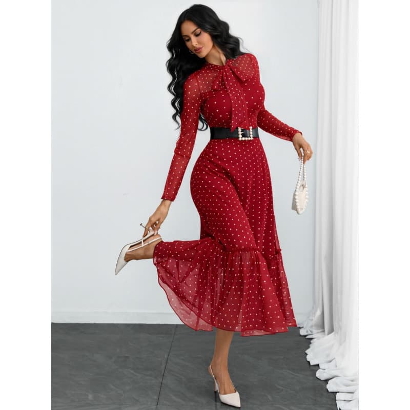 [Novo produto] Vestido feminino elegante temperamento bolinhas manga comprida Slim Fit gola redonda com cadarço [venda q