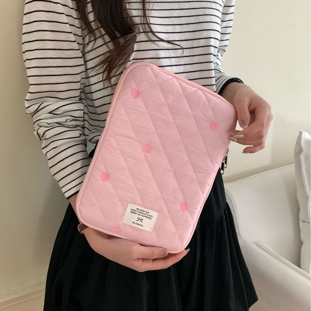 Bolsa para tablet com bordado de coração estilo coreano, fofa e prática para armazenamento, capa para laptop de 11/13/15
