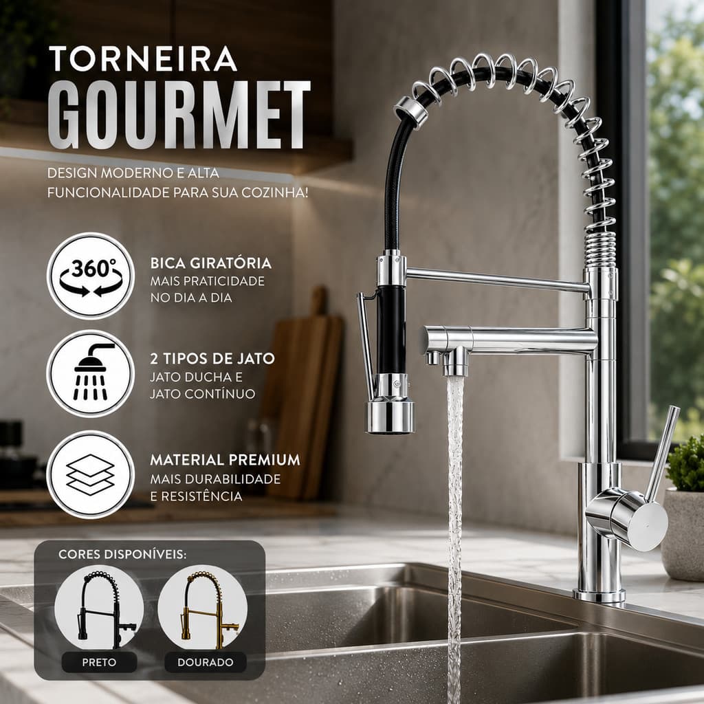 Torneira De Cozinha Gourmet Inox Monocomando Luxo Misturador Para Pia Bancada Quente Frio Cor Preto Fosco  Prata Dourada