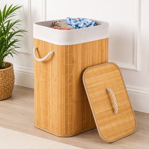 Cesto Roupa 50 Litros Tampa Alca Bambu Duravel Organizador Lavanderia Cozinha