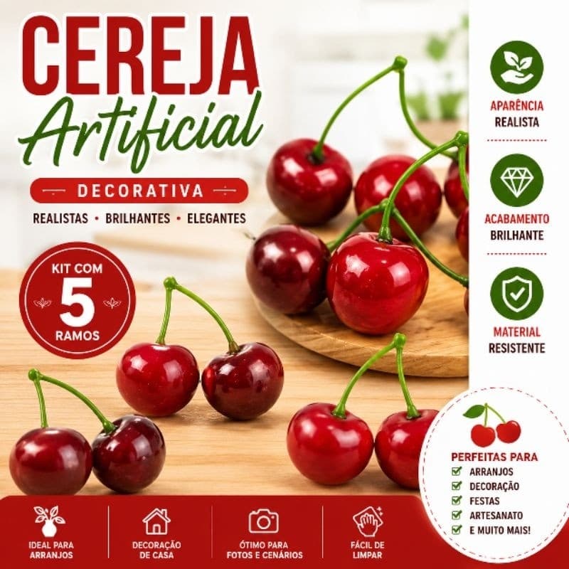 Cereja Artificial Decorativa Kit 5 Ramos Frutas Artificiais Realistas Enfeite Decoração