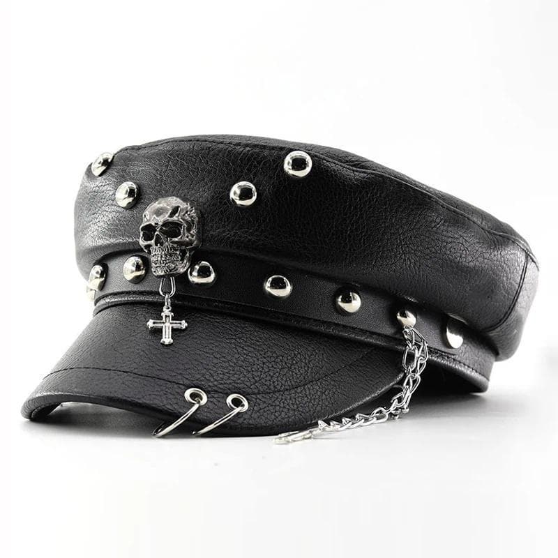 Moda Feminina Boina Estilo Punk Couro Pu Plana Superior Militar Bonés Acessórios Femininos