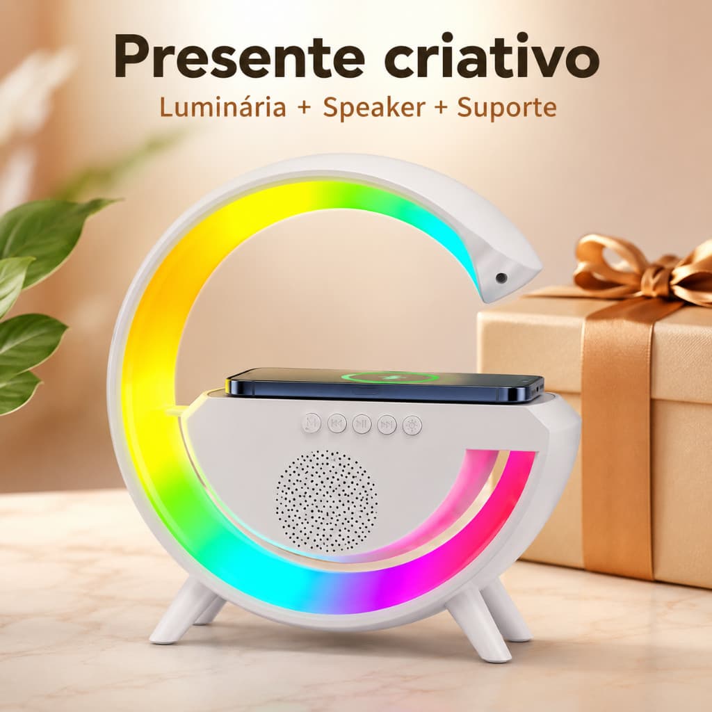 Caixinha de Som G-Speaker Smart Station com Carregador por Indução Sem Fio Bluetooth Multifuncional para iPhone e Androi