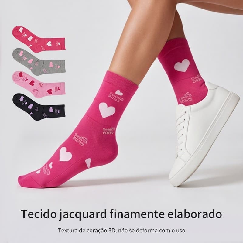 18 Pares Meias Feminina Algodão Cano Médio Coreana Bordado Coração Anti-odor Antiderrapante Casual Esporte