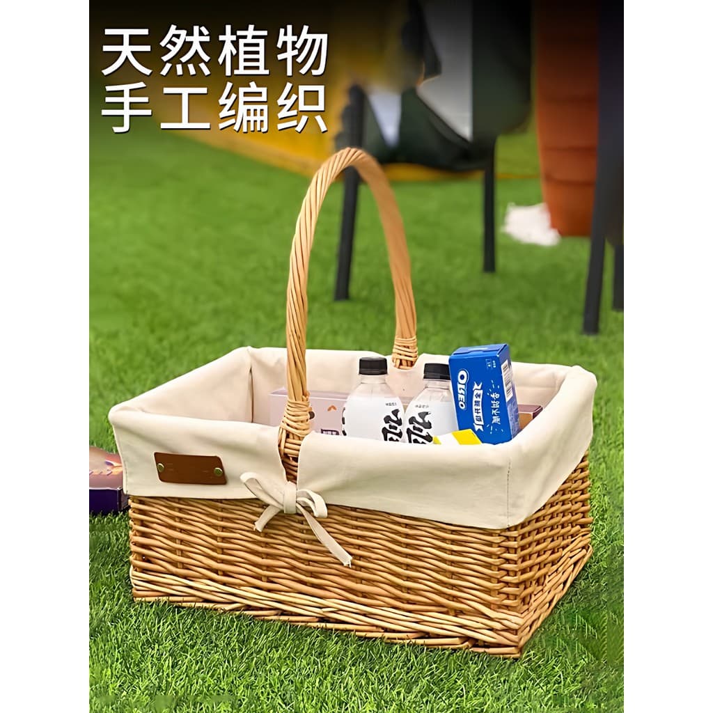 Cesta de piquenique de Rattan primavera passeio ao ar livre acampamento lanches frutas tecido cesta de armazenamento dob