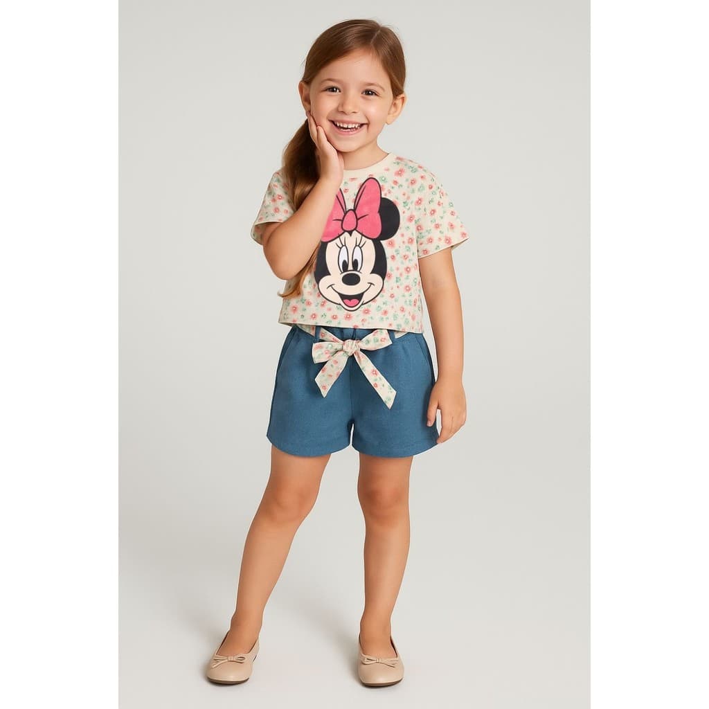 Conjunto Infantil Feminino Blusa Box Minnie e Shorts