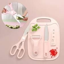 Kit 4 Utensílios Cozinha Faca Inox Tesoura Descascador Tábua Corte Cortador Talheres Afiado