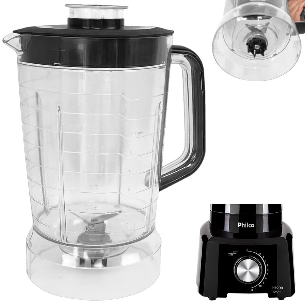 Copo de Liquidificador Para Philco PH900 Cristal Tampa Preta