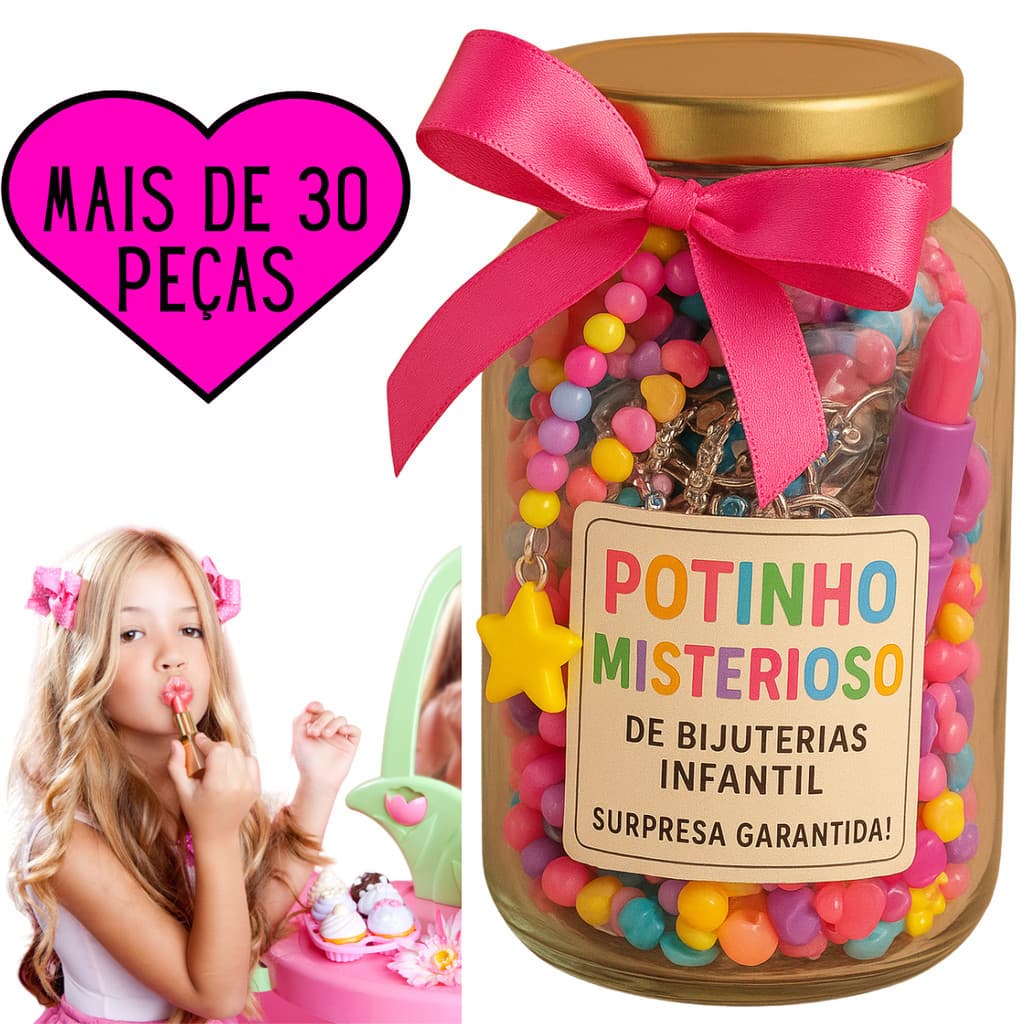🎀 Pote Surpresa Infantil com +30 Acessórios – Pulseiras, Anéis, Colares e Brincos ✨