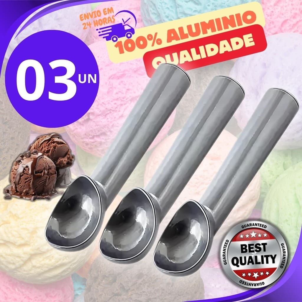 KIT 3, 02 ou 01Un Colher de Sorvete Aluminio Profissional 18 cm Pegador Boleador Sorvete Açai