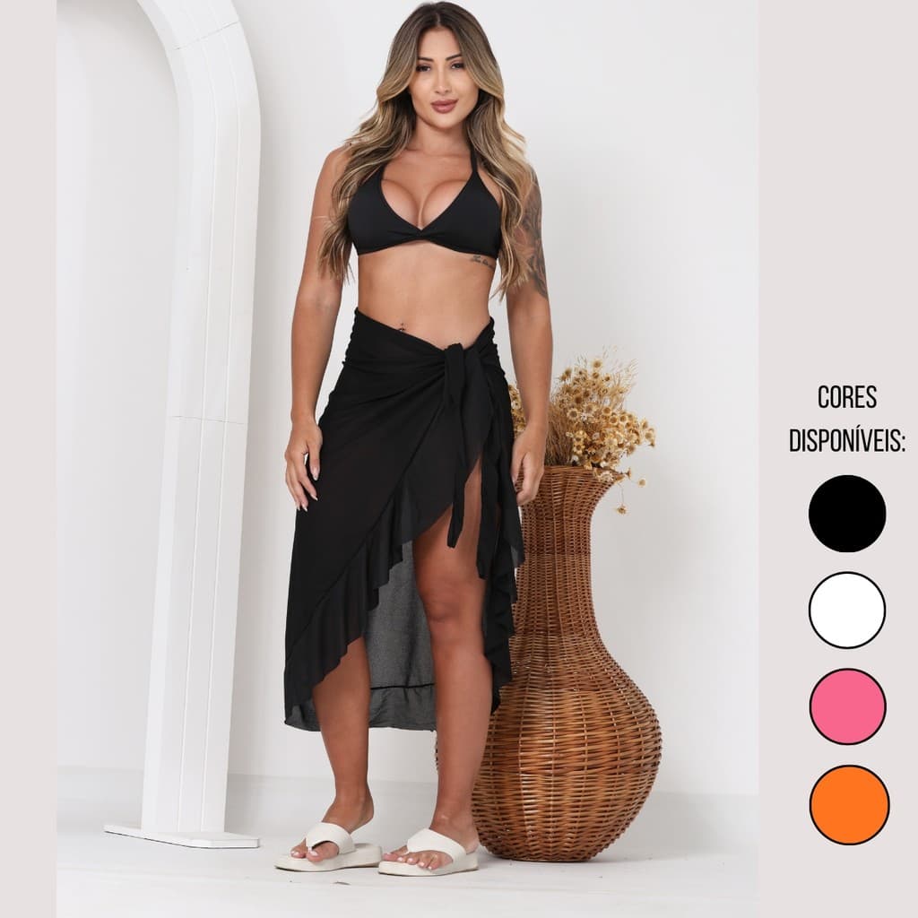 Saída de Praia Saia Pareô Tule Longa com Babado Transparente Feminina / Canga /Moda Verão