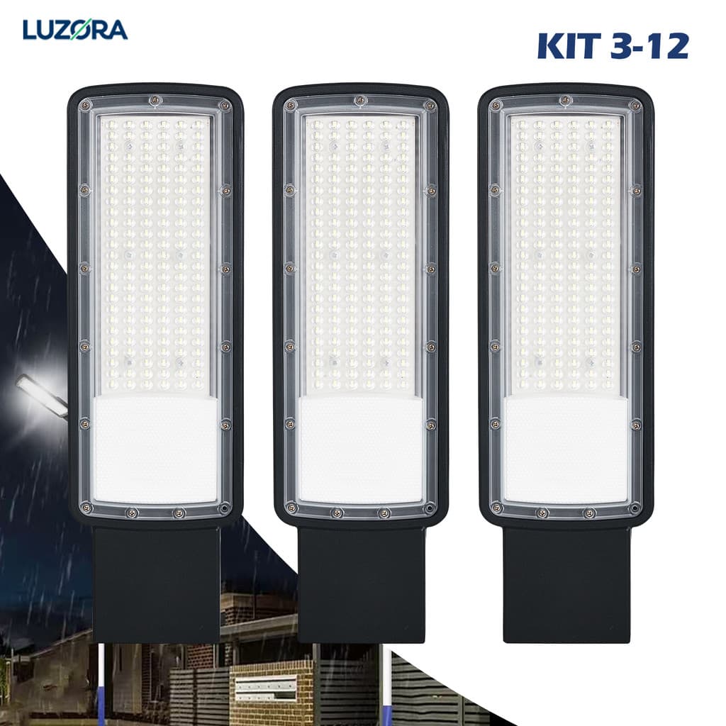 Kit 3 a 12 Luminária LED para Postes Bivolt 300W Super Brilho Durável Econômica Exteriores Pública